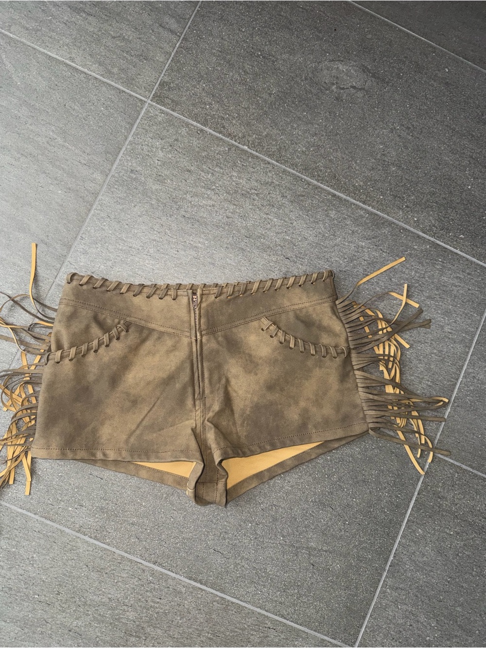 Free People Olive Fringe Suede-Look Shorts - Picture 1 of 3